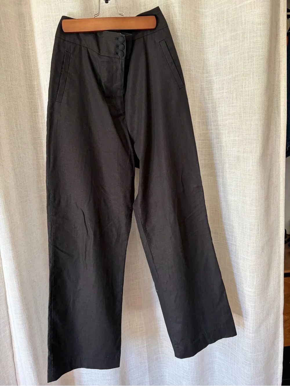 Sezane Black Linen Button-Front Trousers